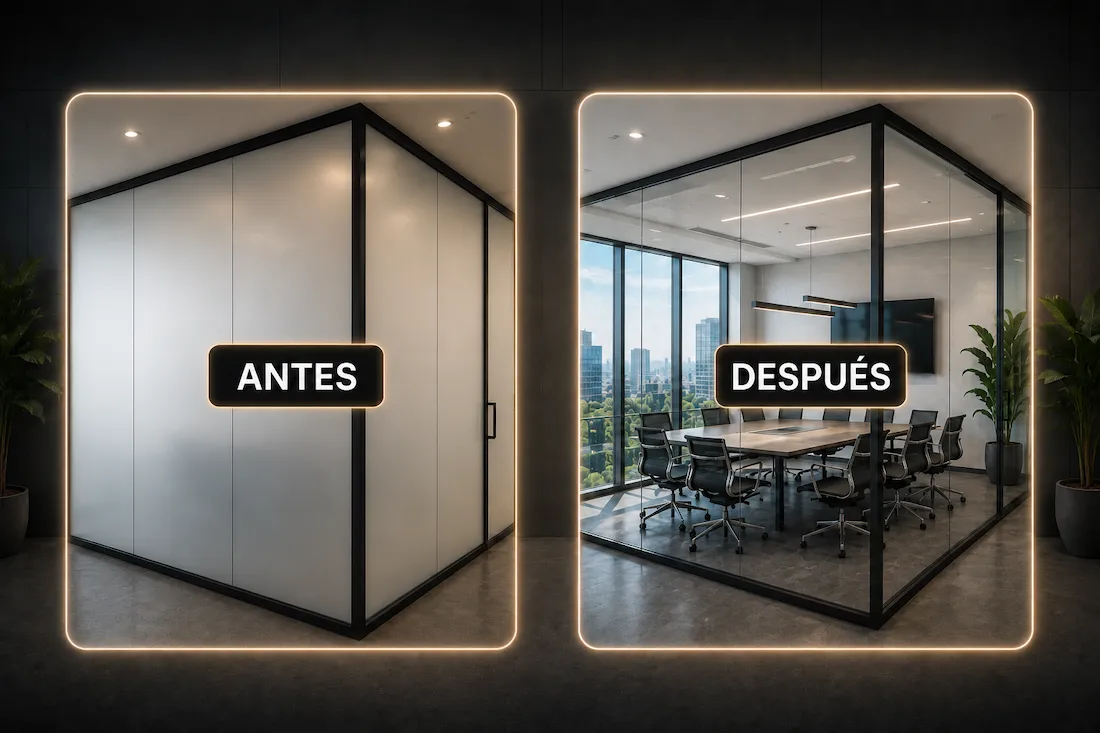 Mica inteligente antes y después en oficina con vidrio opaco y transparente